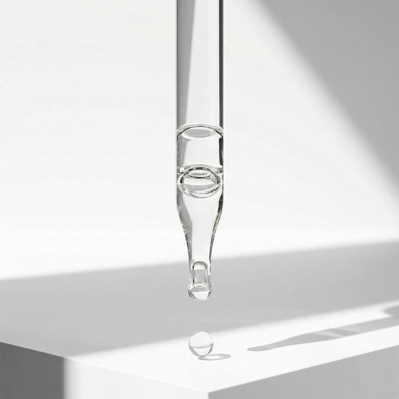 Glass dropper applying botanical cuticle oil serum - clear oil drop for nail and cuticle care