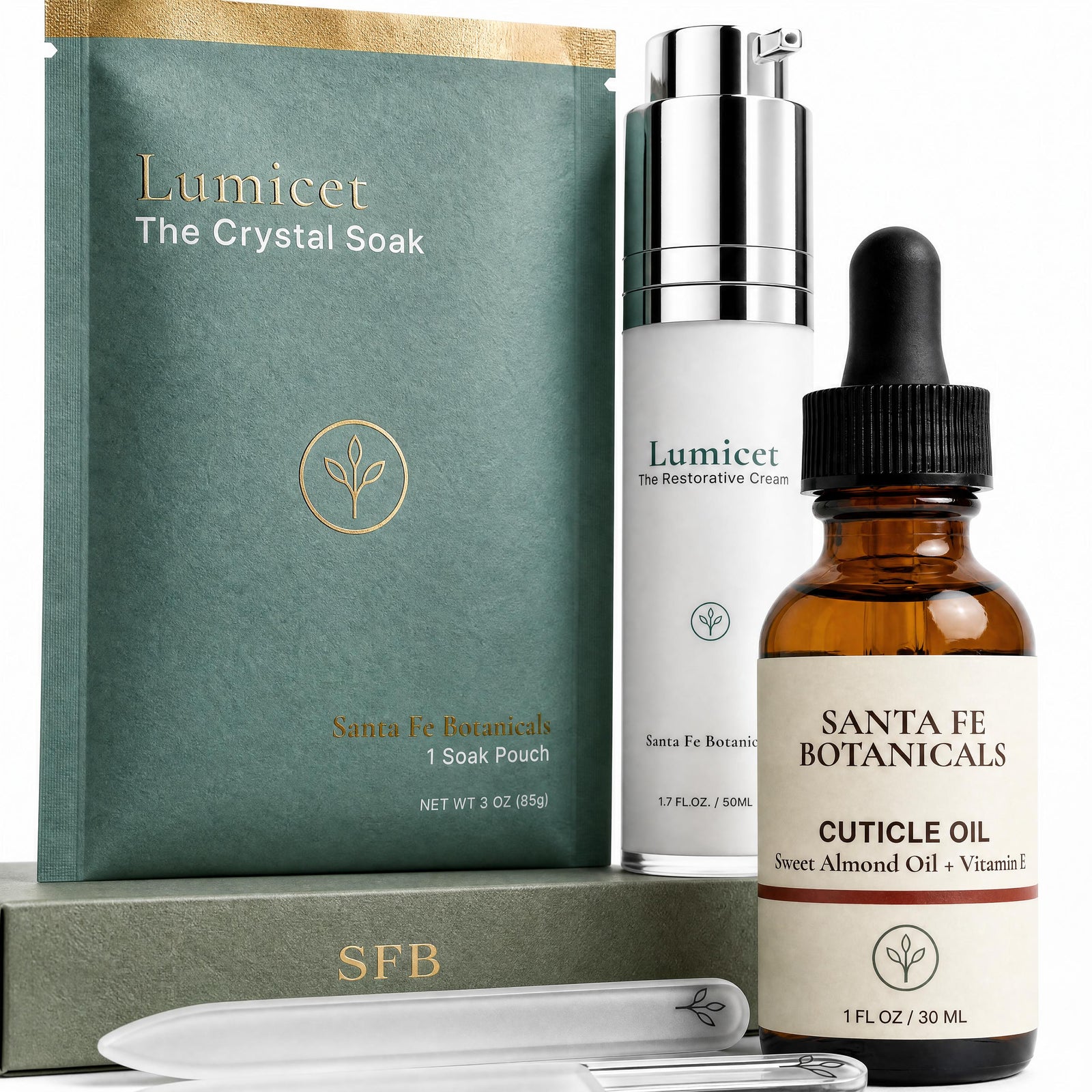 The Santa Fe Botanicals Hand Ritual lineup: Crystal Soak, Botanic Cuticle Serum, and Restorative Cream on cream linen
