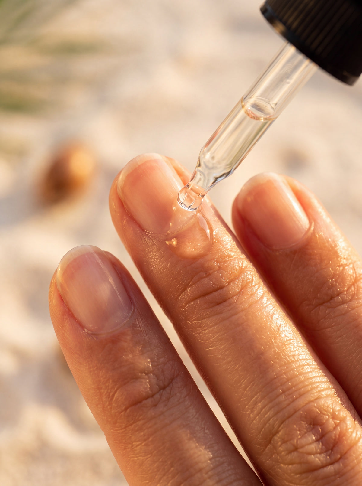 Close-up of a hand holding a dropper with a clear liquid against a blurred natural background