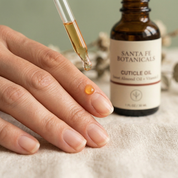 Drop of botanical cuticle oil serum on fingernail