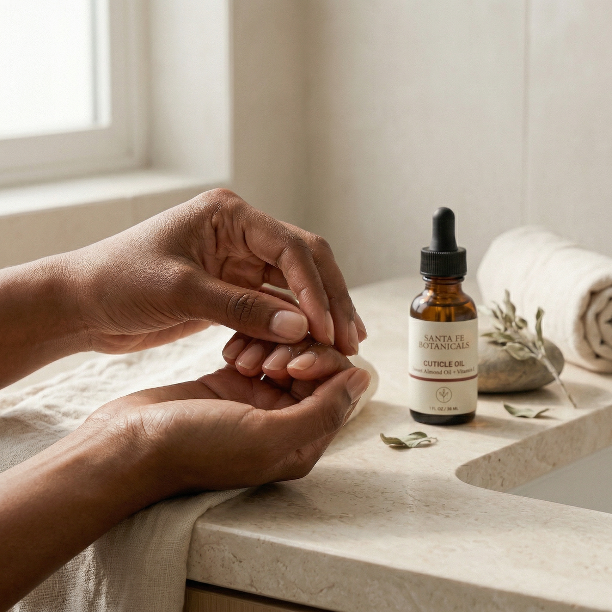 Massaging Desert Sage Cuticle Oil into nails and cuticles with bottle on counter - Step 3 of how to use Santa Fe Botanicals cuticle oil