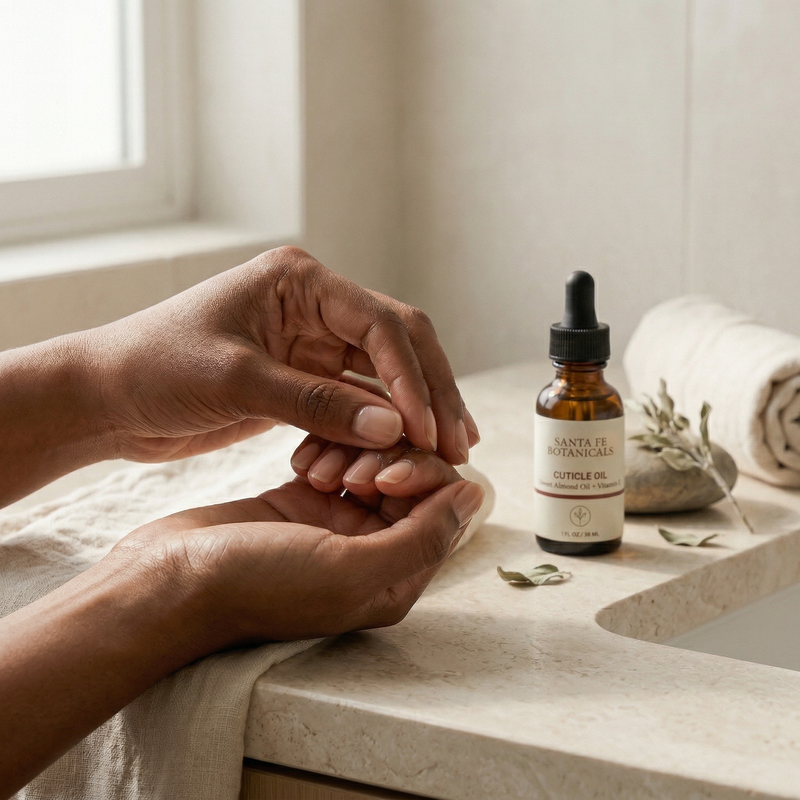 Massaging Desert Sage Cuticle Oil into nails and cuticles with bottle on counter - Step 3 of how to use Santa Fe Botanicals cuticle oil