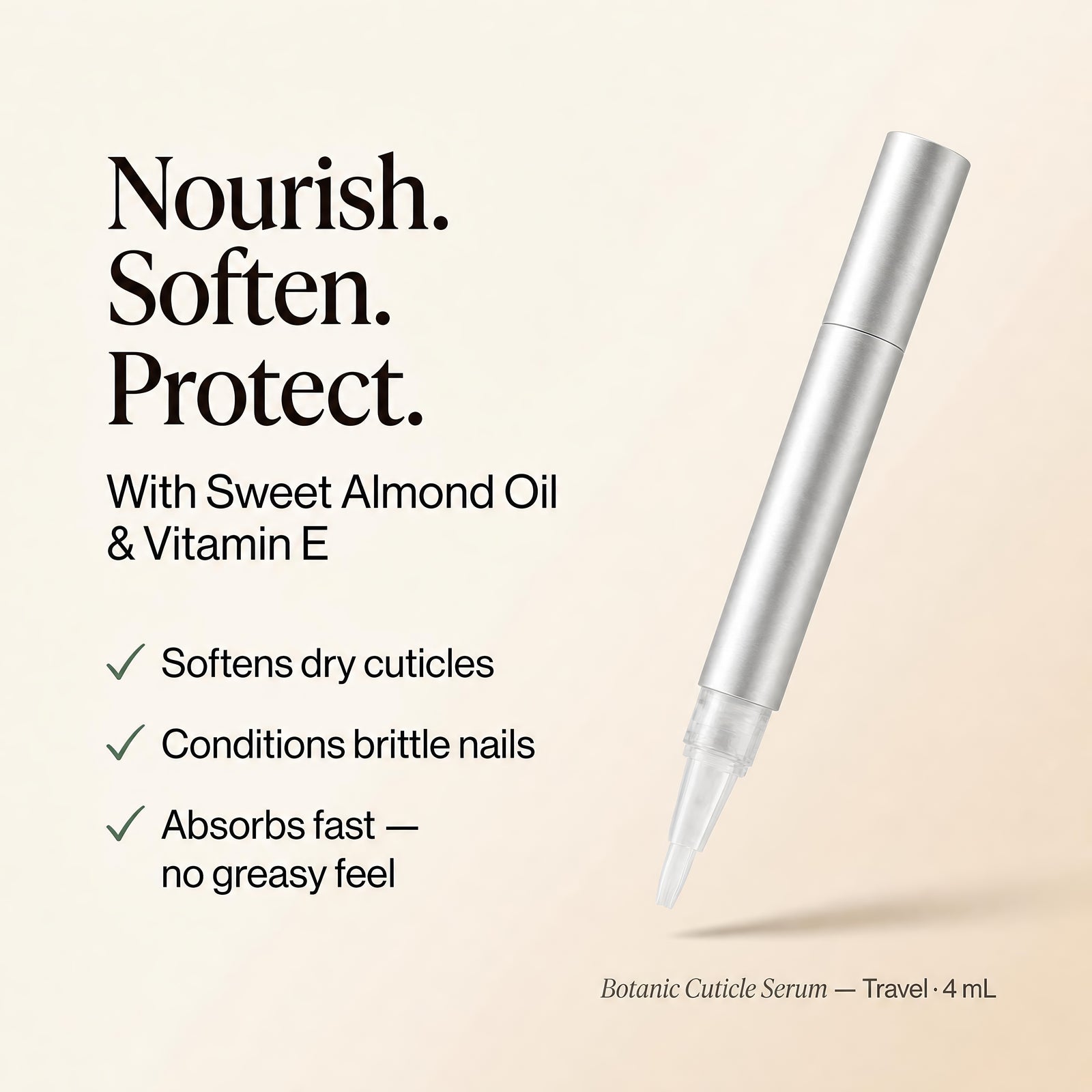 Botanic Cuticle Serum Travel, a 4 mL matte-aluminum cuticle oil pen with a fine nylon brush, by Santa Fe Botanicals