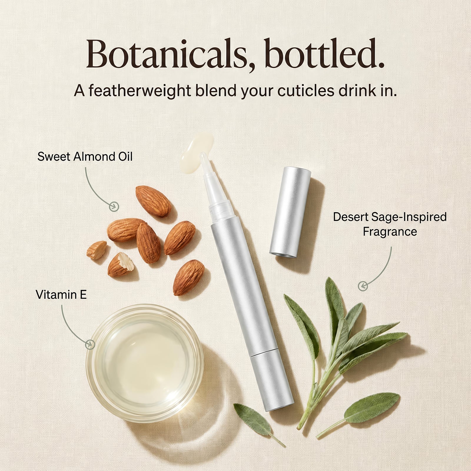 Botanic Cuticle Serum Travel pen, matte-aluminum twist body with a fine nylon brush applicator for cuticles and nails