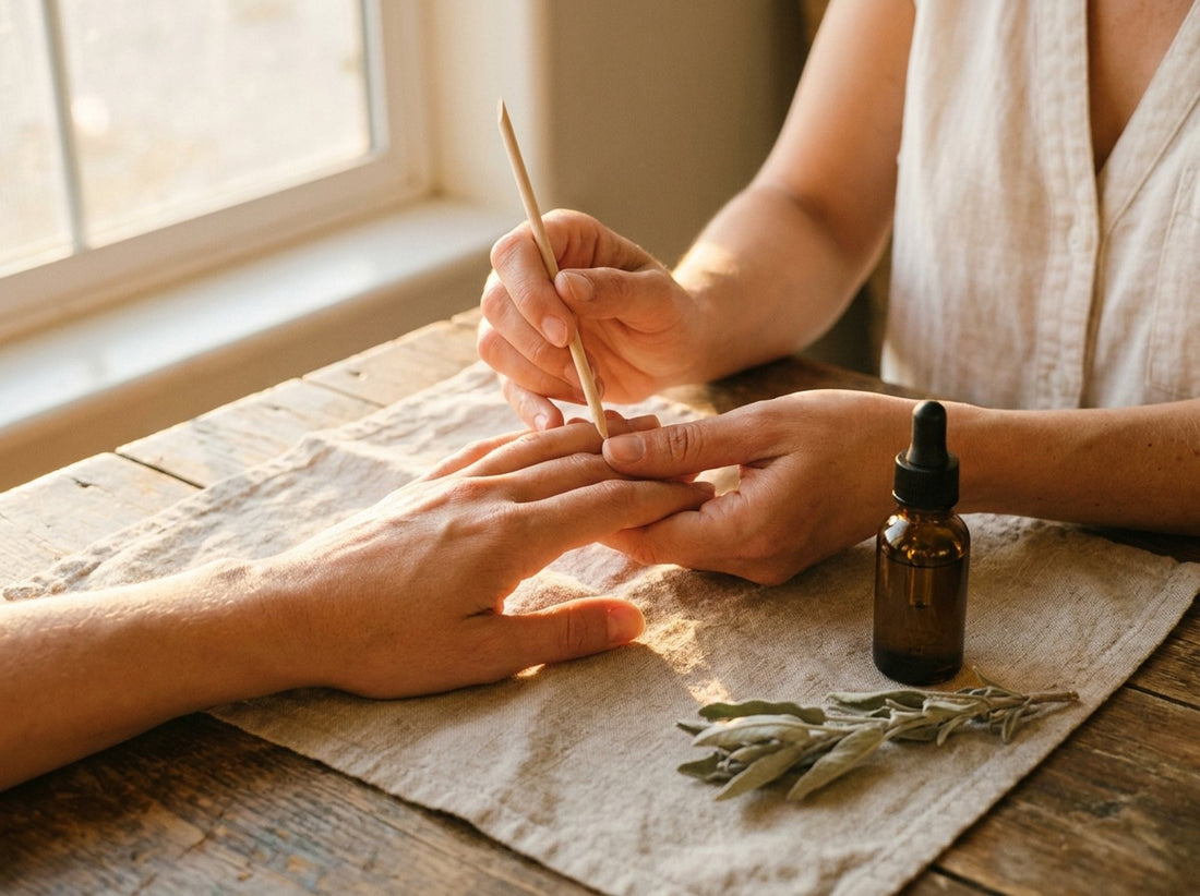 A manicure in progress with a wooden cuticle pusher, amber serum bottle, and dried sage on linen