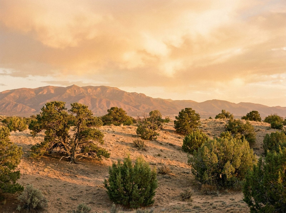 High desert at sunset with juniper trees and mountains near Santa Fe