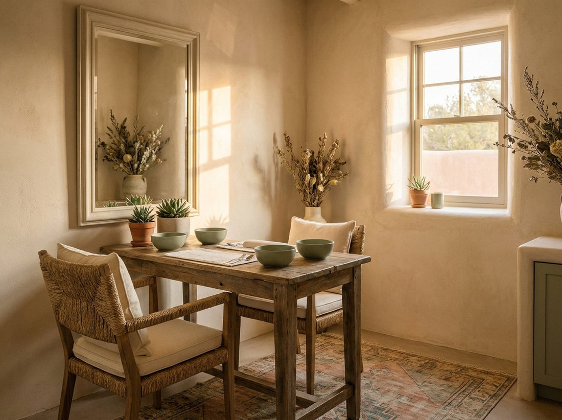 Sunlit adobe room with a wooden table, woven chairs, and sage green bowls