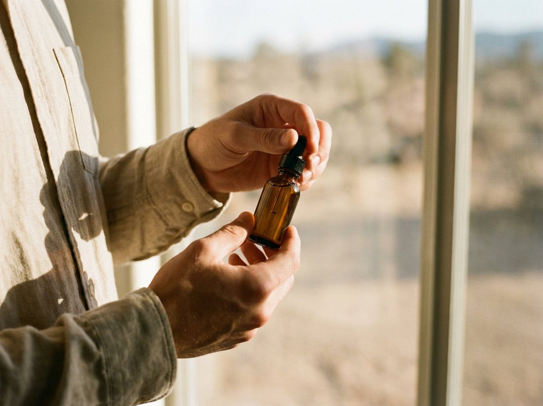 Hands opening an amber dropper bottle by a window overlooking the high desert