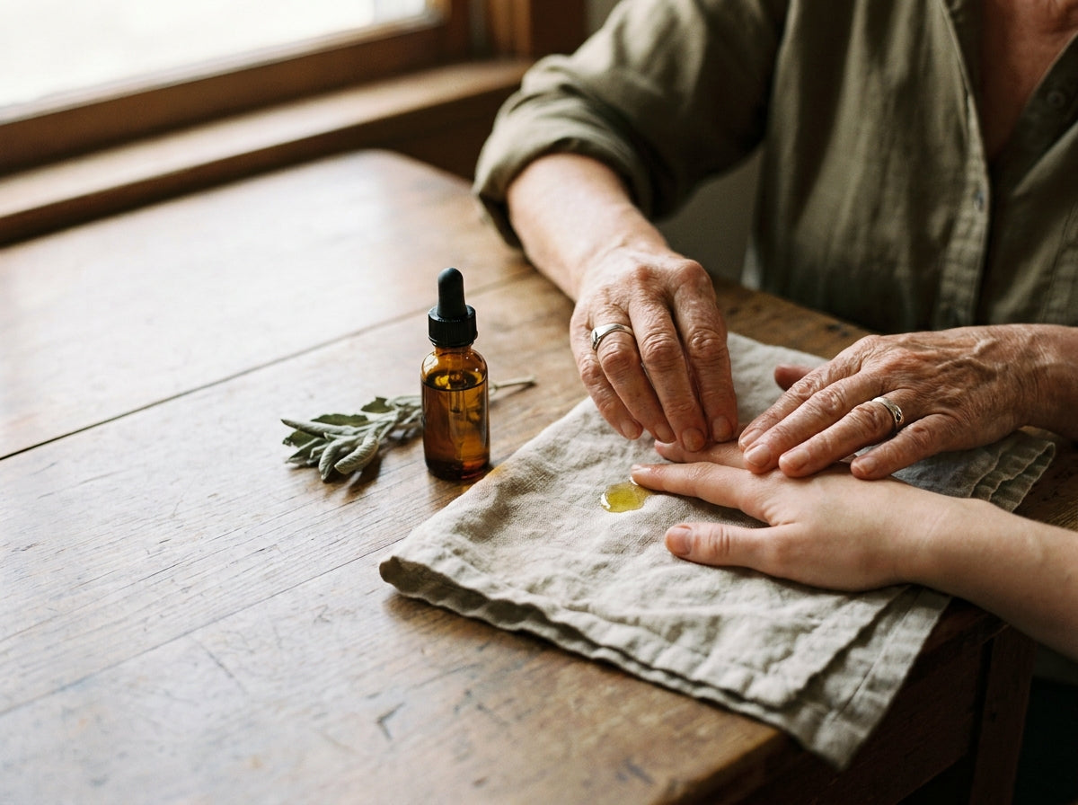 An experienced practitioner's weathered hands tending another person's hand at a table, a dropper bottle and dried sage nearby.