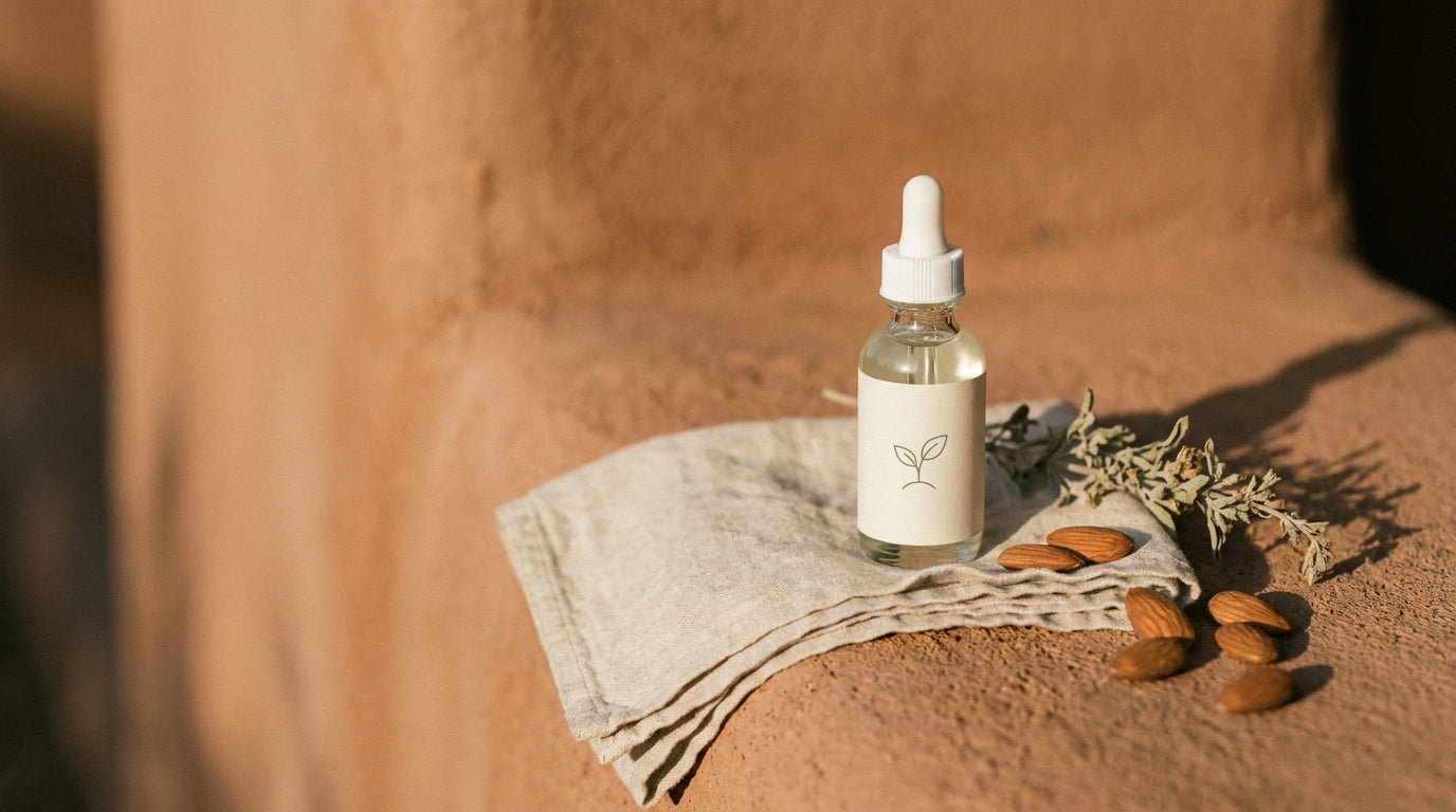 The Botanic Cuticle Serum in a glass dropper bottle on linen with sweet almonds and dried desert sage.