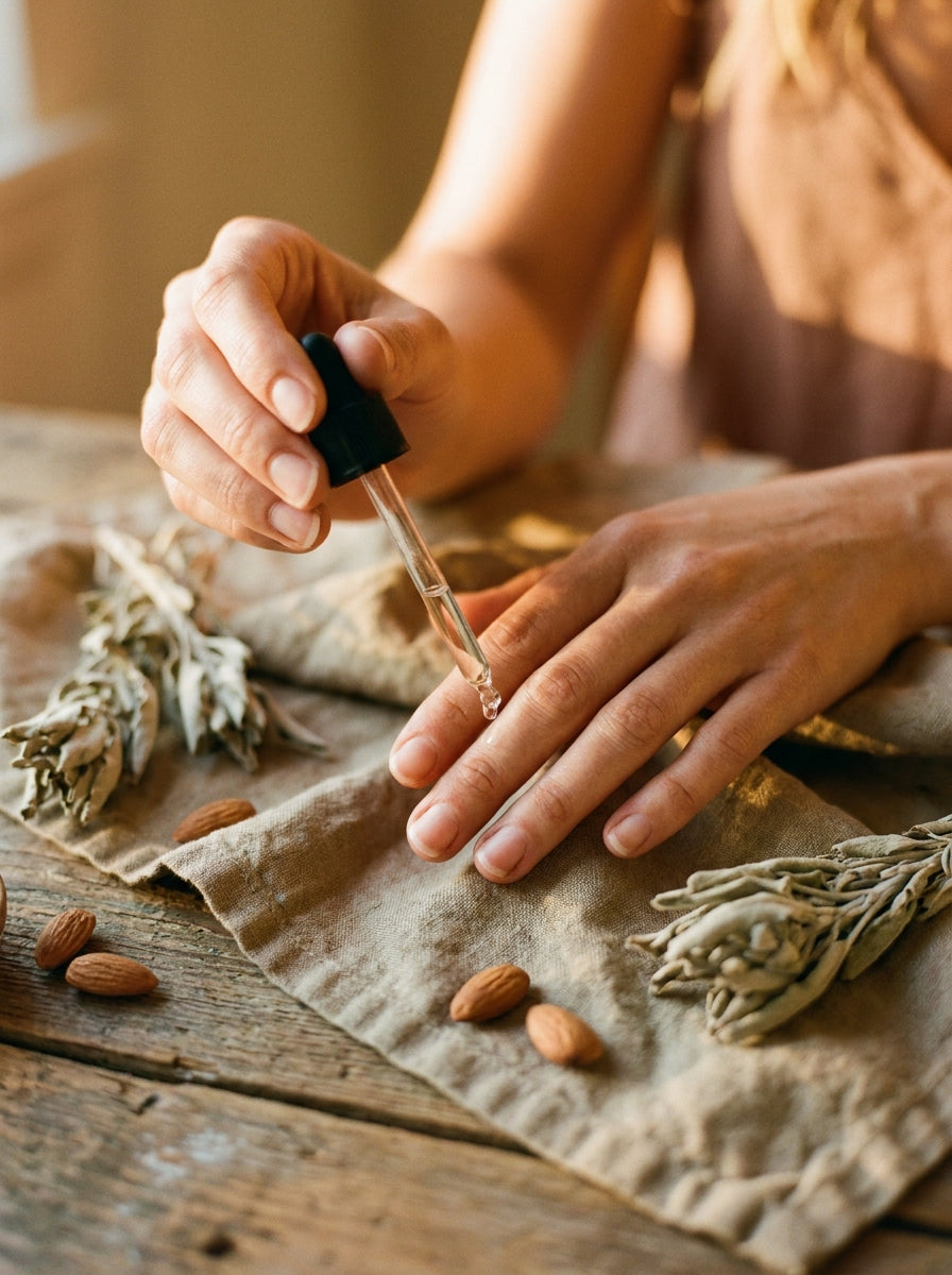 Hands applying a single drop of cuticle serum from a glass dropper, on linen with dried sage and almonds.