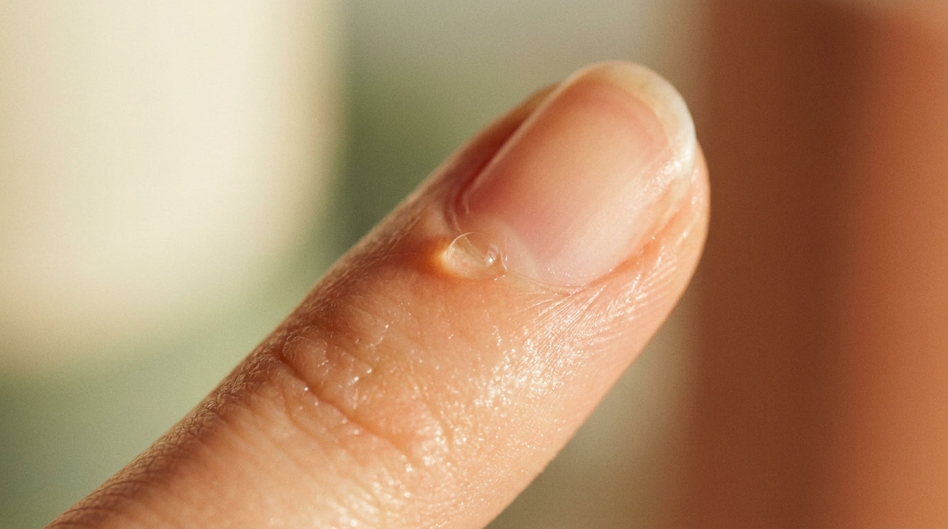 Macro view of a fingertip with a single bead of botanical oil resting at the cuticle.