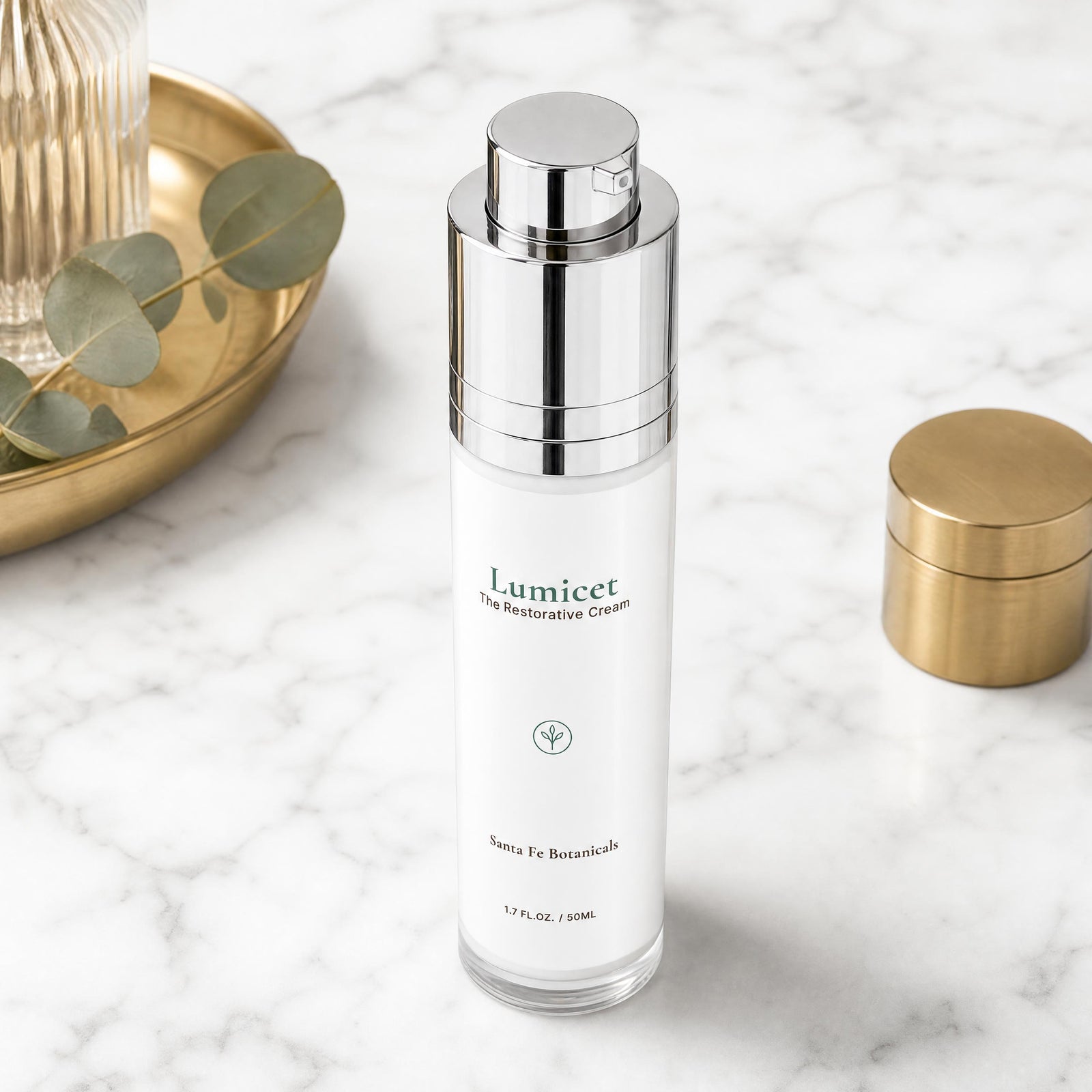 Detail of The Restorative Cream's frosted glass airless pump, dose-accurate with no plastic dip-tube